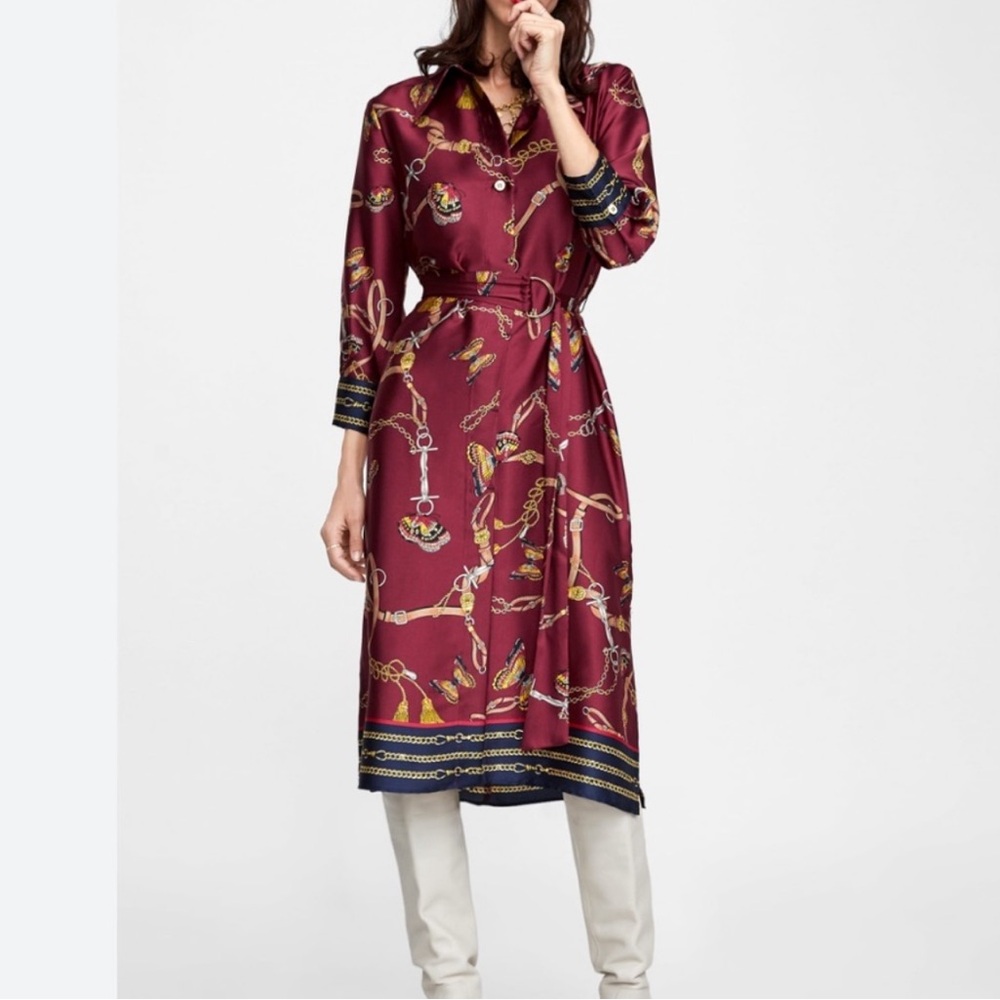 Zara Burgundy Long Sleeve Midi Dress with Chain Print